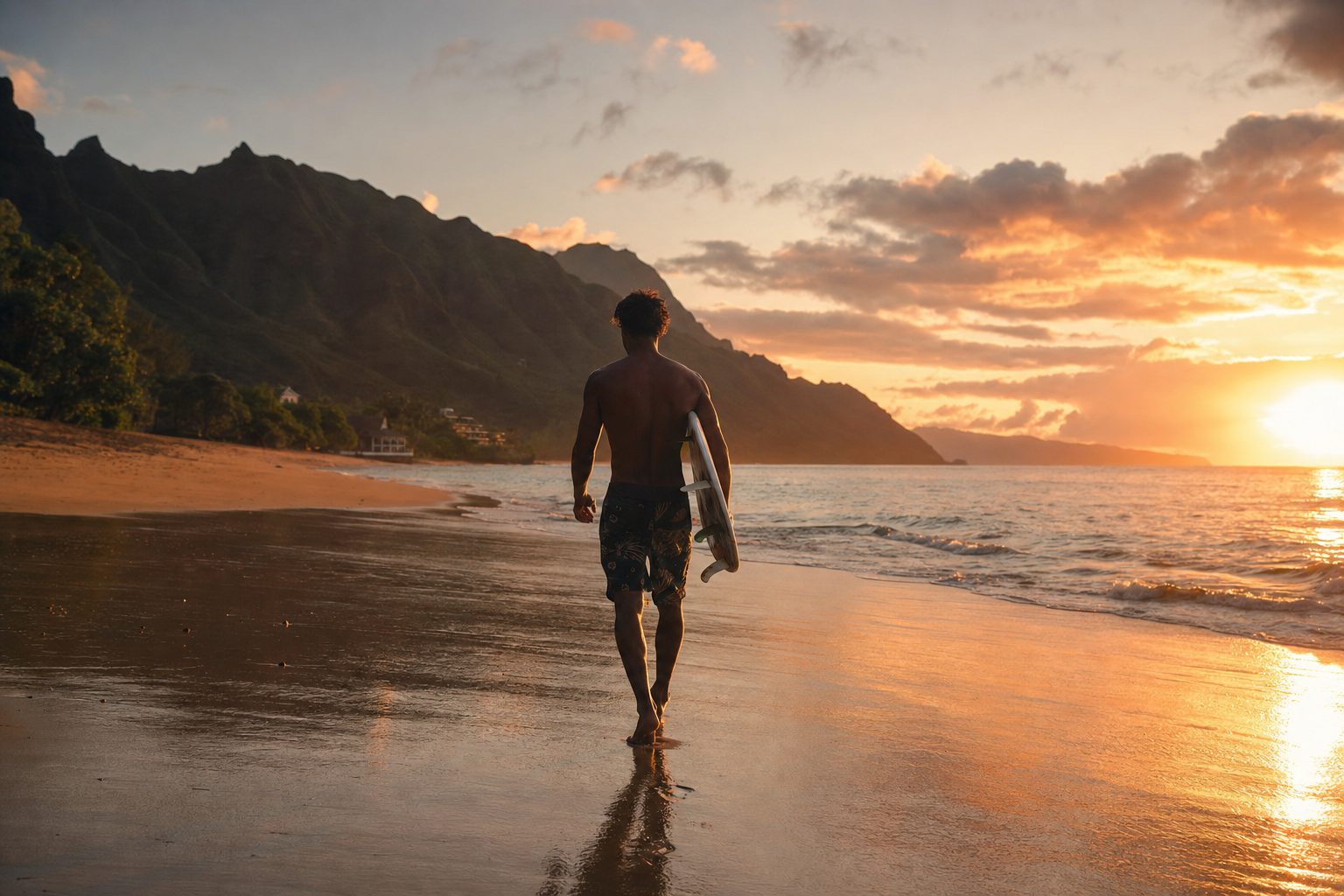 Silhouette of a surfer walking toward the ocean at sunrise on an Oahu beach, symbolizing the founder's recovery journey