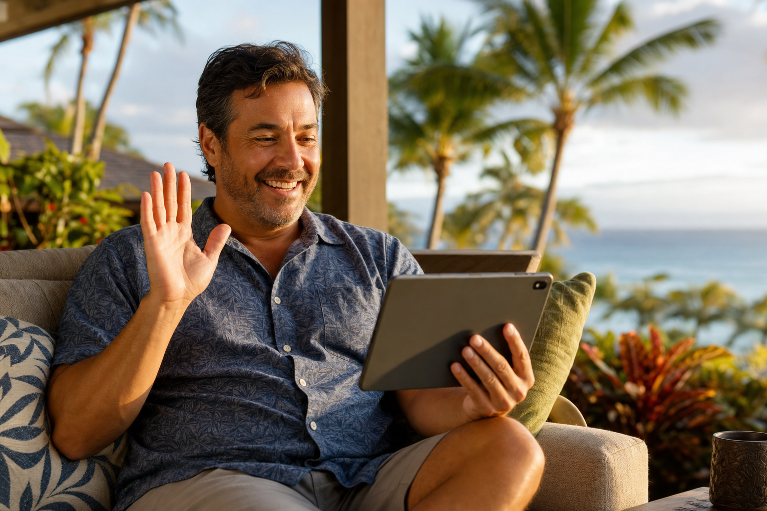 Client relaxing at home during a recovery consultation